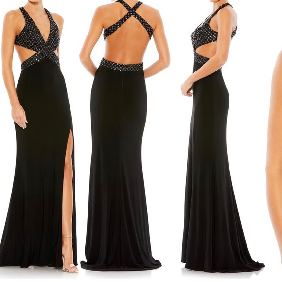 Mac Duggal 68166 Floral Sequined Criss Cross Bodice Gown Cut Out Black 8 - Picture 1 of 7